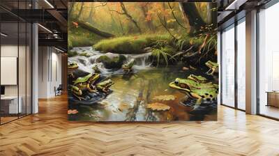 frog resting in water stream among autumn forest showcasing wildlife in natural habitat Wall mural