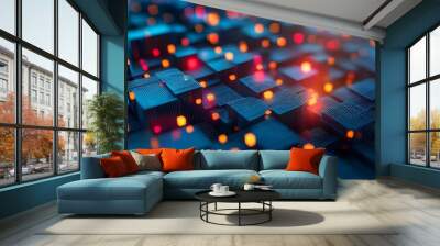 Futuristic 3D Cubes Abstract Design Featuring Textures, Lighting Effects, and Expansive Copy Space with Deep Depth of Field Wall mural