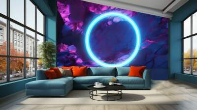 Futuristic 3D rendering of dark neon glow ring shapes with glossy highlights in blue and purple tones for an abstract metallic poster background Wall mural