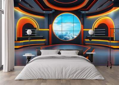 Futuristic 3D Virtual News Studio Background with Dynamic Elements and High-Tech Aesthetic Wall mural