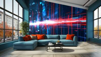 Futuristic abstract background featuring vibrant glowing lines and dynamic data visualizations in striking red and blue hues Wall mural