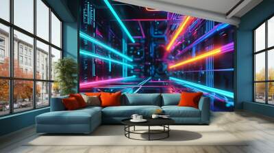 Futuristic abstract circuit board illuminated by vibrant neon lights, embodying themes of technology, innovation, and digital advancement Wall mural