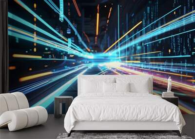 Futuristic abstract composition of glowing lines and shapes representing digital data flow in a vibrant atmosphere Wall mural