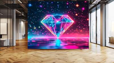 Futuristic abstract diamond illuminated by neon lines against a vibrant tapestry of colorful stars, perfect for digital design inspiration Wall mural