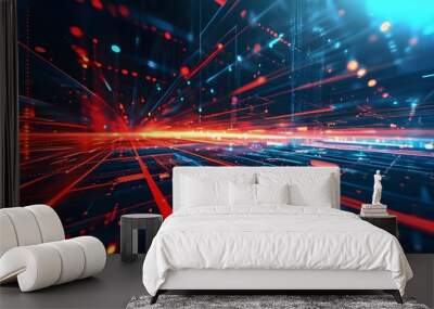 Futuristic abstract digital design featuring glowing lines and dots in vibrant red and blue hues, ideal for technology and data visualization themes Wall mural