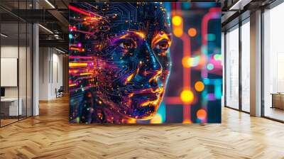 Futuristic abstract human face adorned with a circuit board overlay, glowing with vibrant colorful lights Wall mural