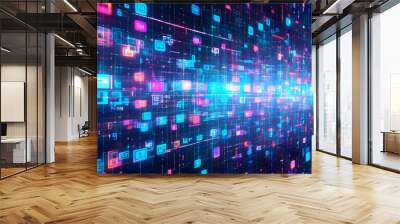 Futuristic abstract technology backdrop with flowing binary data and geometric motion in a virtual network of digital clouds Wall mural