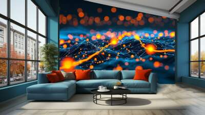 Futuristic abstract terrain with glowing orange nodes and connecting lines on a dark background adorned with bokeh lights Wall mural