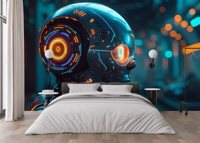 Futuristic AI Robot with Glowing Eyes Amidst Neon Circuit Board in Enigmatic Evening Sci-Fi Setting Wall mural