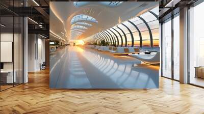 Futuristic airport lounge showcasing flowing ceiling design, sleek white seating, and expansive windows illuminated by sunset glow Wall mural