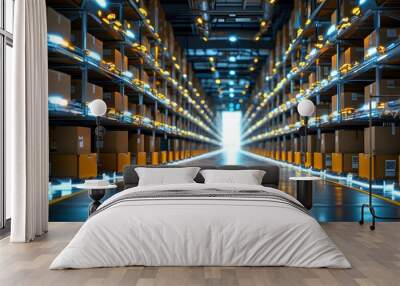 Futuristic automated warehouse showcasing advanced conveyor systems and shelves filled with cardboard boxes illuminated by vibrant blue and yellow lights Wall mural