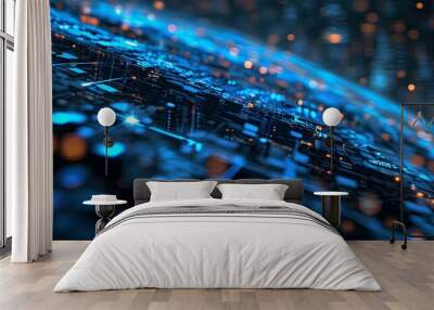 Futuristic blockchain network with interconnected data nodes and glowing blue lights in a digital technology landscape Wall mural