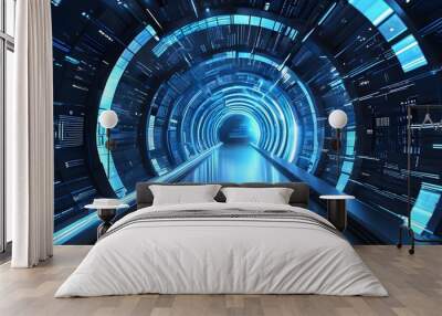 Futuristic blue light tunnel with intricate patterns reflecting digital space and technological progress Wall mural