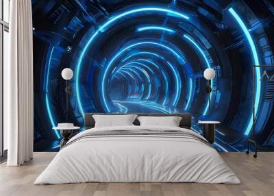 Futuristic blue neon tunnel with intricate patterns, evoking advanced technology and an adventurous journey into the unknown Wall mural