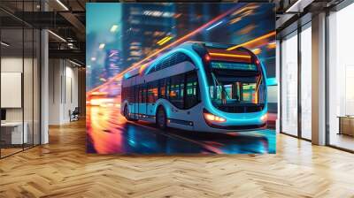 Futuristic city bus racing through vibrant urban nightscape with motion blur, highlighting advanced public transportation innovations Wall mural