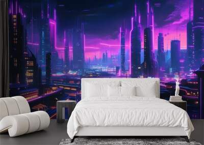 Futuristic cityscape radiating with glowing purple neon lights and towering structures illuminating the vibrant night sky. Wall mural