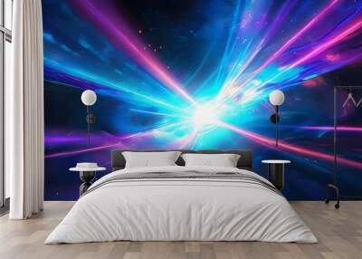 Futuristic cosmic landscape illuminated by vibrant blue and purple light beams, embodying a captivating blend of science fiction and fantasy themes Wall mural