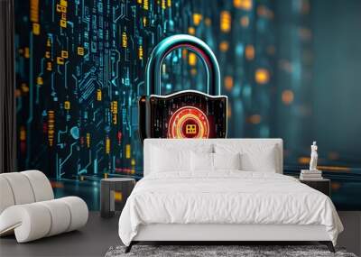 Futuristic cybersecurity concept with digital padlock symbol and circuit board background highlighting data protection and internet security technology Wall mural