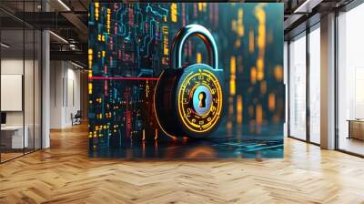 Futuristic cybersecurity concept with digital padlock symbol and circuit board background highlighting data protection and internet security technology Wall mural