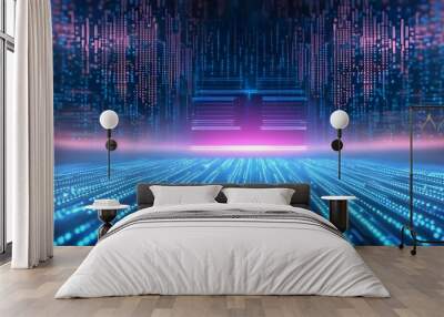 Futuristic cybersecurity infrastructure featuring advanced microchip technology, processors, and cloud computing systems for enhanced communication networks Wall mural