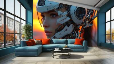 Futuristic cyborg woman featuring intricate digital and mechanical elements illuminated by a radiant sunset backdrop Wall mural