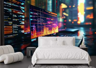 Futuristic data transfer technology in a vibrant cyberpunk cityscape filled with neon lights and digital landscapes Wall mural