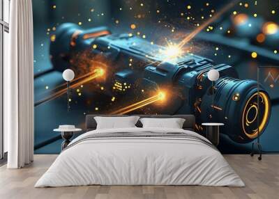 Futuristic device with swirling nebula, radiant stars, and a vibrant beam of light Wall mural