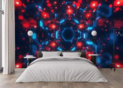 Futuristic digital backdrop featuring abstract hexagonal pattern illuminated by vibrant red and blue lights, ideal for technology themes. Wall mural