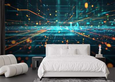 Futuristic digital grid featuring luminous lines and particles, embodying advanced technology and abstract design Wall mural