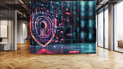 Futuristic digital key symbol over abstract binary code backdrop representing cybersecurity and data protection in internet network technology Wall mural