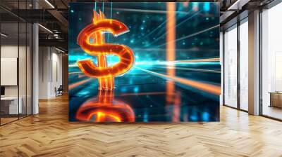 Futuristic digital landscape of glowing dollar signs and dynamic light streaks, representing financial technology and data evolution Wall mural