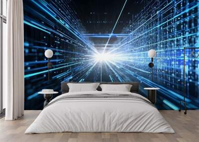 Futuristic digital landscape with blue light rays and dynamic stripes representing advanced technology and innovation Wall mural