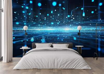 Futuristic digital network showcasing glowing blue connections and luminous points, symbolizing advanced technology and communication systems Wall mural