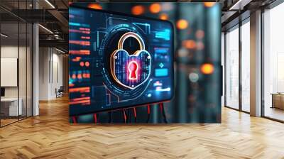 Futuristic digital padlock symbol representing cybersecurity and data protection on a computer screen Wall mural