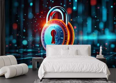 Futuristic digital padlock symbol with abstract background representing cybersecurity and data protection in modern internet network technology Wall mural