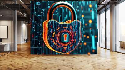 Futuristic digital padlock symbols against abstract binary code backdrop highlighting cybersecurity, data protection, and internet network technology innovations Wall mural