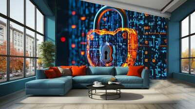 Futuristic digital padlock with binary code backdrop symbolizing cybersecurity and data protection for enhanced business privacy in internet network security Wall mural