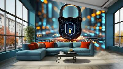 Futuristic digital security with locked padlock on circuit board symbolizing cybersecurity and data protection in advanced technology development at night Wall mural