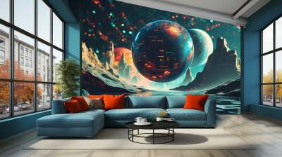 Futuristic digital sphere in an expansive sci-fi universe, vibrant colors and cosmic elements creating an immersive poster background Wall mural