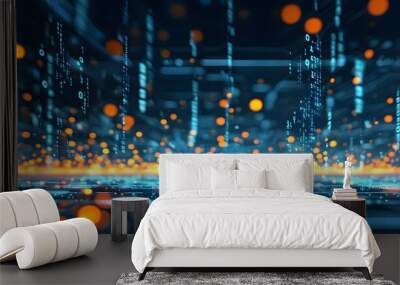 Futuristic digital terrain showcasing luminous circuit patterns intertwined with binary code and soft bokeh lights in blue and orange tones Wall mural