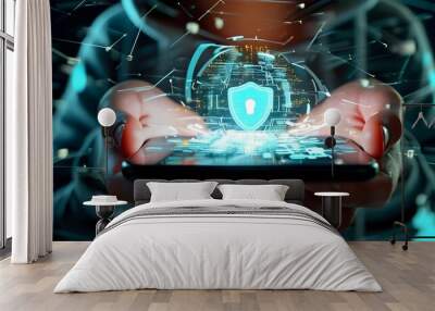 Futuristic double exposure of hands and smartphone illustrating digital connections and cybersecurity in the technology landscape Wall mural