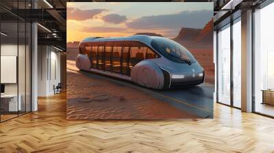 Futuristic electric bus traversing a desert landscape at sunset, highlighting advanced transportation technology with a sleek and modern design Wall mural