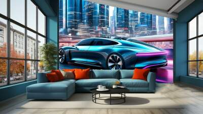 Futuristic electric vehicle cruising through a vibrant metropolis with cutting-edge infrastructure and dynamic urban landscape Wall mural