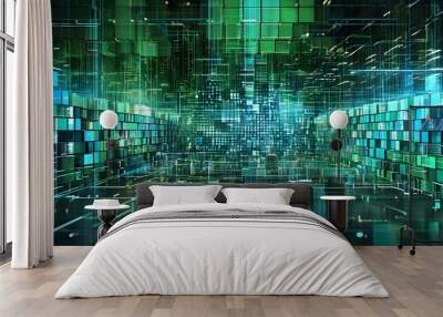 Futuristic engineering poster featuring blue and green digital technology cube design Wall mural