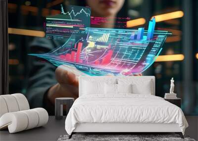 Futuristic finance report with holographic numbers in a hand, showcasing advanced technology and innovative financial insights in a 3D setting Wall mural