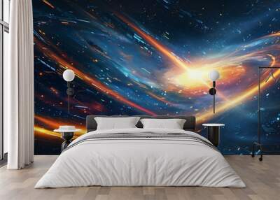 Futuristic Galaxy Landscape with Motion Light Trails and Abstract Technology Elements Wall mural