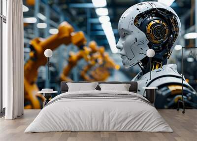 Futuristic humanoid robot in a cutting-edge factory, representing the evolution of automation, robotics, and artificial intelligence within manufacturing environments Wall mural