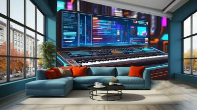 Futuristic keyboard interaction highlights advanced technology within a vibrant cyber environment and dynamic digital interface Wall mural