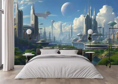 Futuristic metropolis showcasing advanced architecture and vibrant technology in a utopian landscape Wall mural