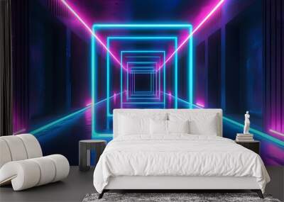 Futuristic neon corridor with blue and violet lights, immersive virtual reality space, abstract dark room, glowing squares, 3D rendered ambiance. Wall mural